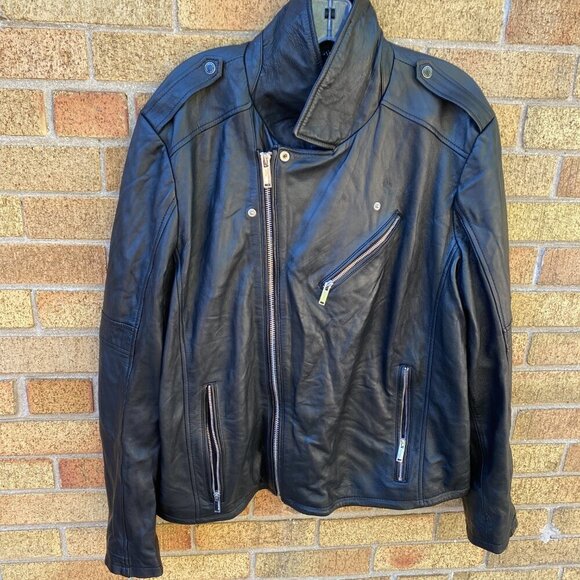 Karl Lagerfeld Mens Leather Biker Jacket A Symmetrical Multi Pocket Jacket XXL - Picture 4 of 16